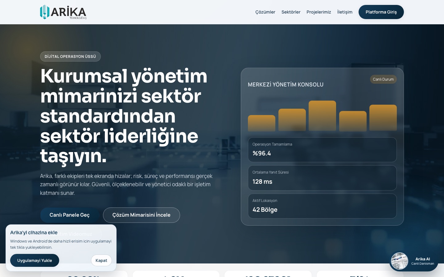 Arika canlı site ana sayfa görünümü