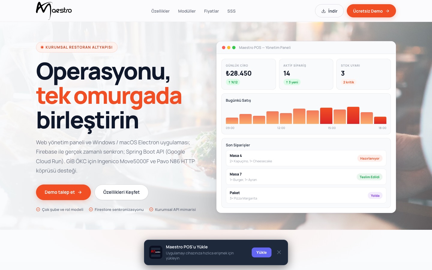 Maestro POS canlı site ana sayfa görünümü