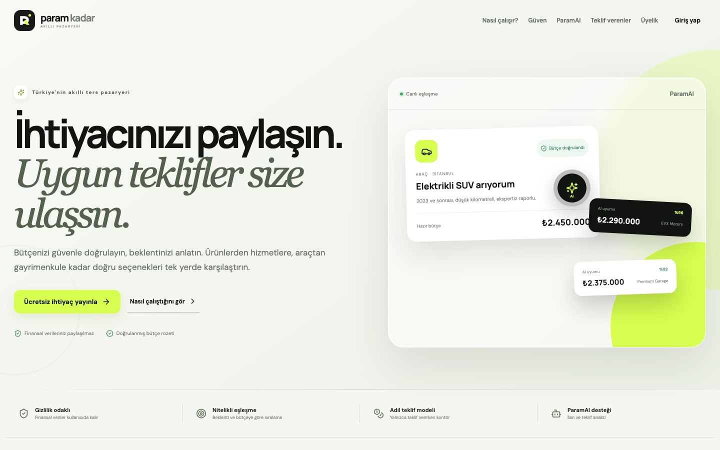 Param Kadar canlı site ana sayfa görünümü