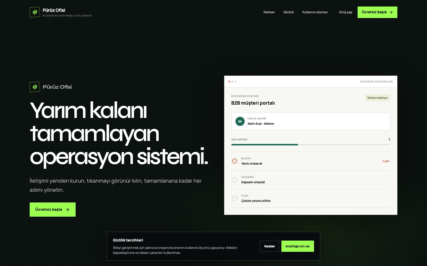 Pürüz Ofisi canlı site ana sayfa görünümü